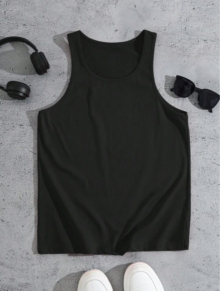 Men's Solid Color Pleated Round Neck Sleeveless Tank Top, Summer